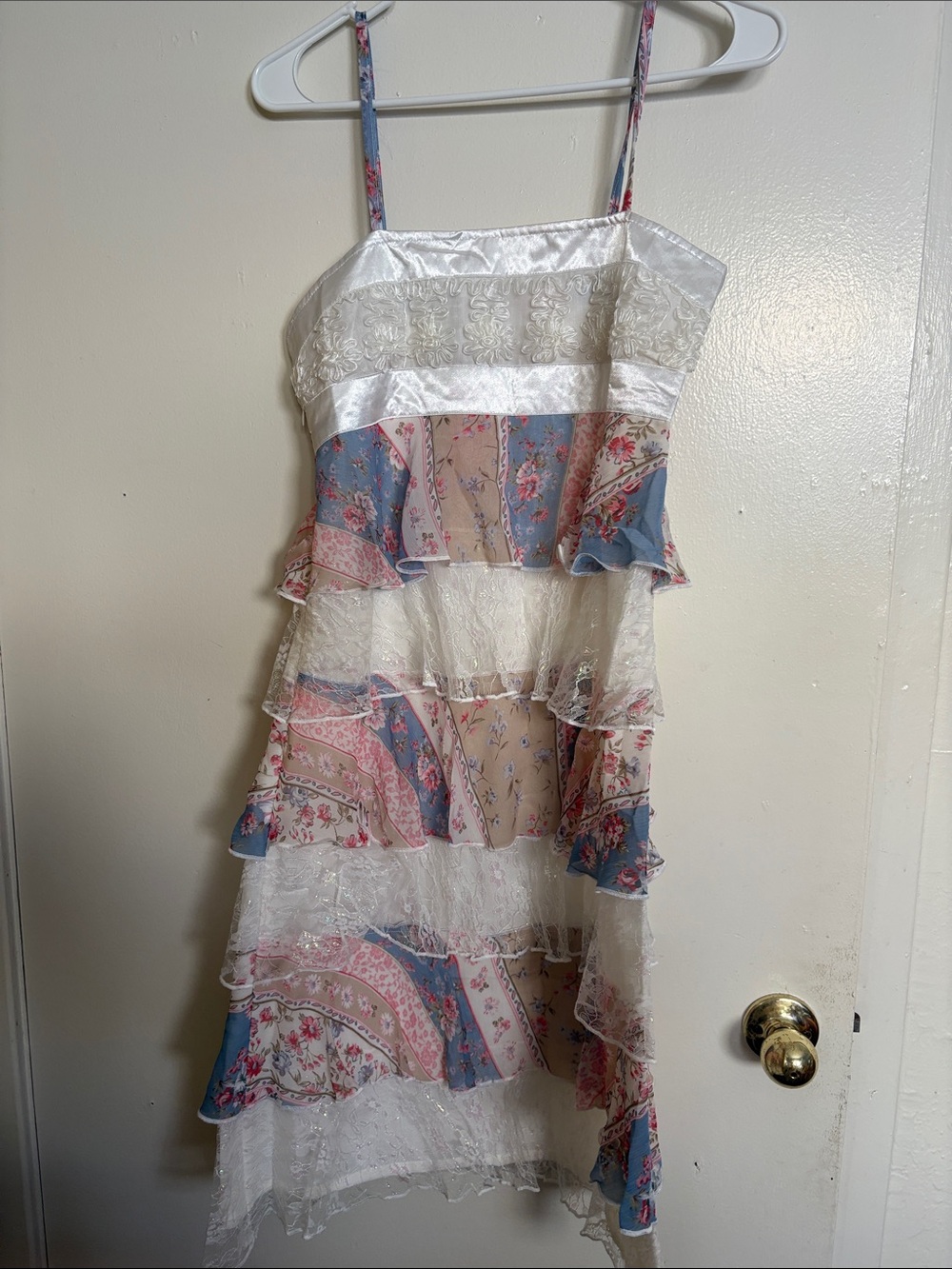 oh Yes Girl Floral Lace Tiered Midi Dress - White, Blue & Pink